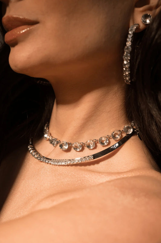 KIT COLAR E BRINCO SHINE CRISTAL PRATEADO