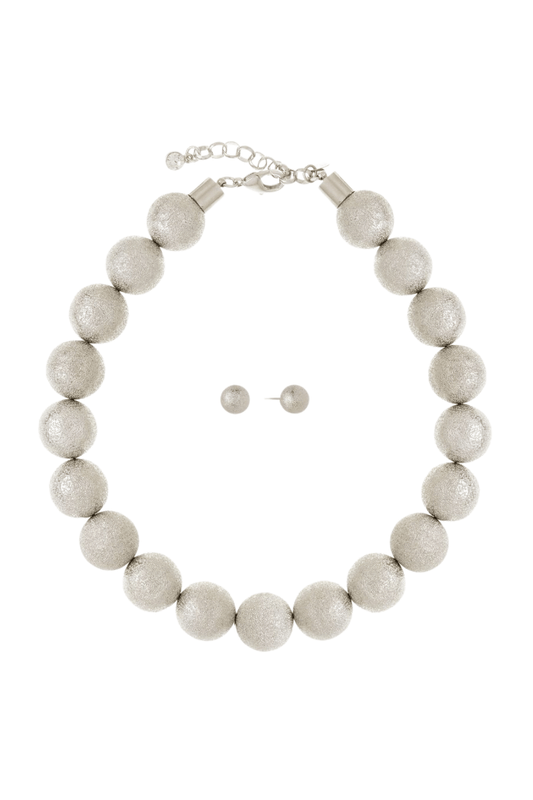 KIT COLAR E BRINCO ESFERAS METALLO PRATEADO