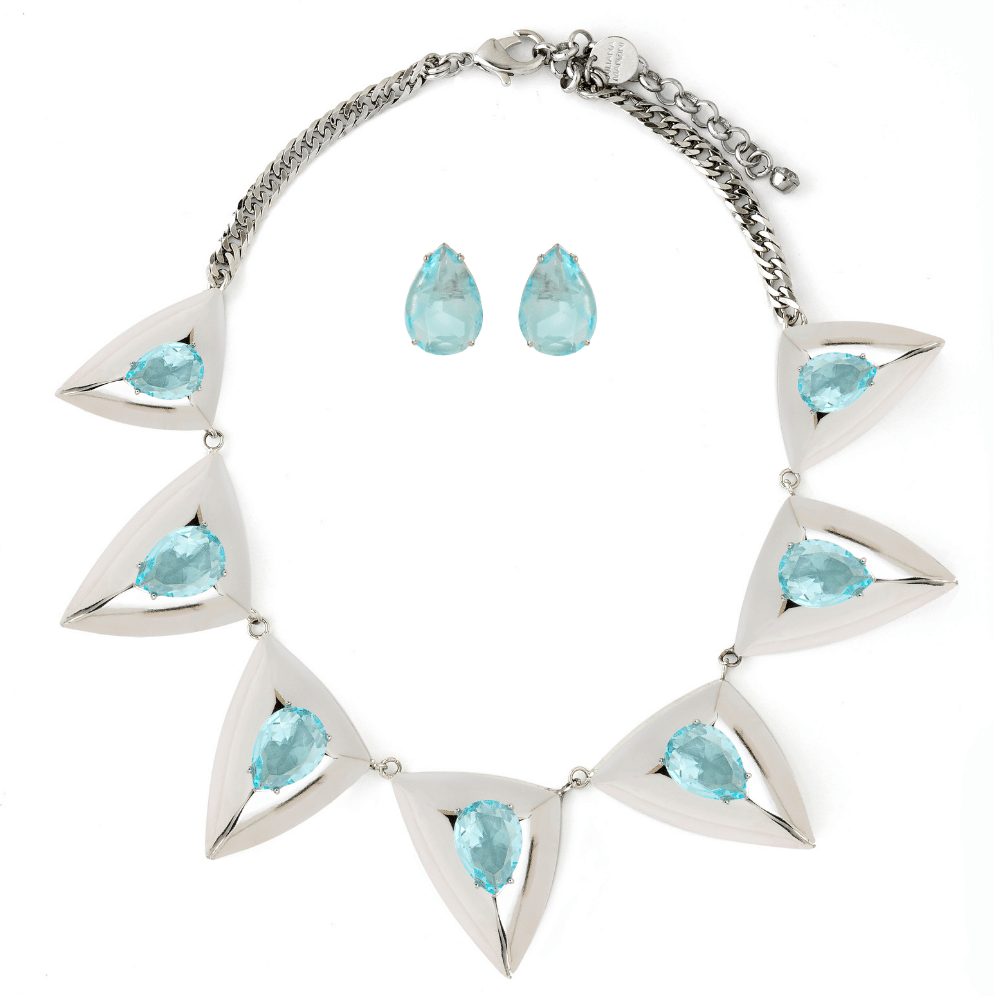 Kit Colar e Brinco Prateado com Formas Triangulares e Cristais Azul Light