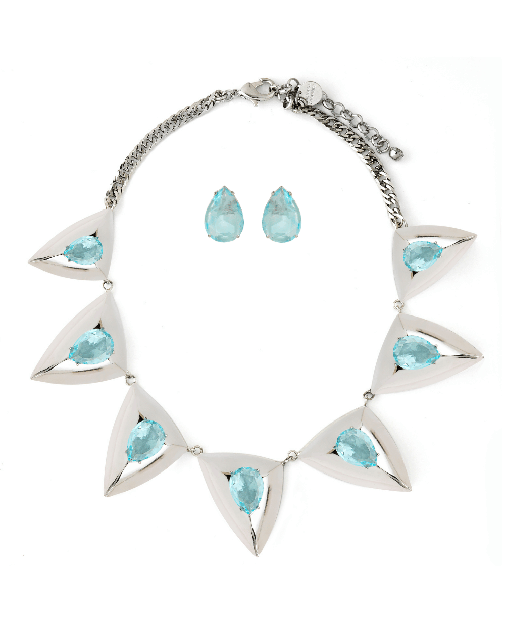 Kit Colar e Brinco Prateado com Formas Triangulares e Cristais Azul Light