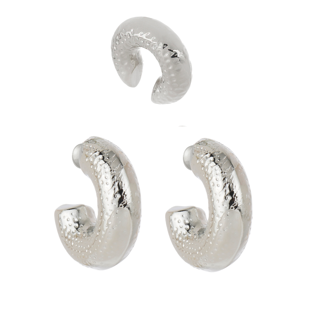 Kit de Brincos e Ear Cuff Texturizado Presenza Prateado