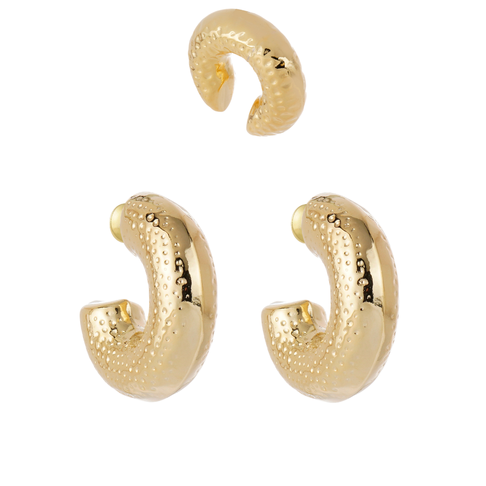 Kit de Brincos Presenza Dourado com Argola Texturizada e Ear Cuff