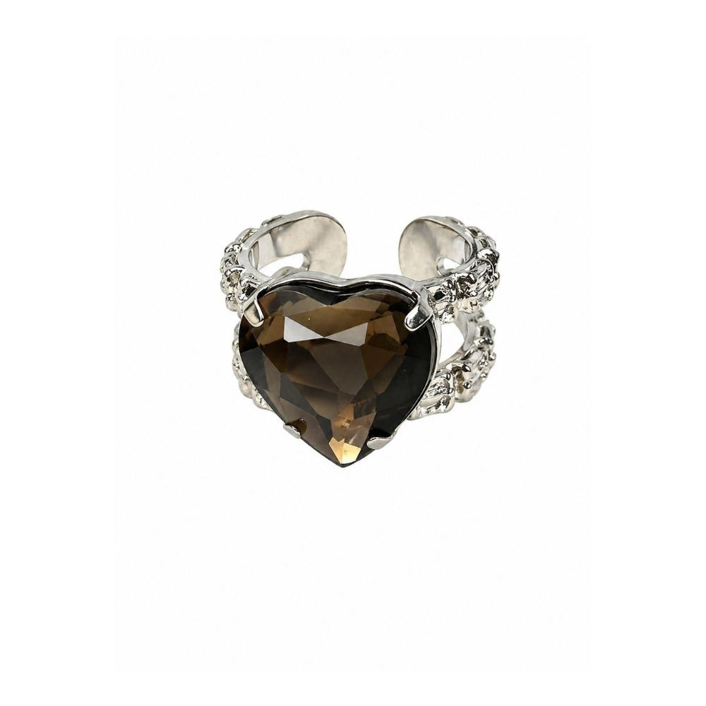 Anel Ajustável de Coração Black Diamond com Zircônias e Banho Prateado