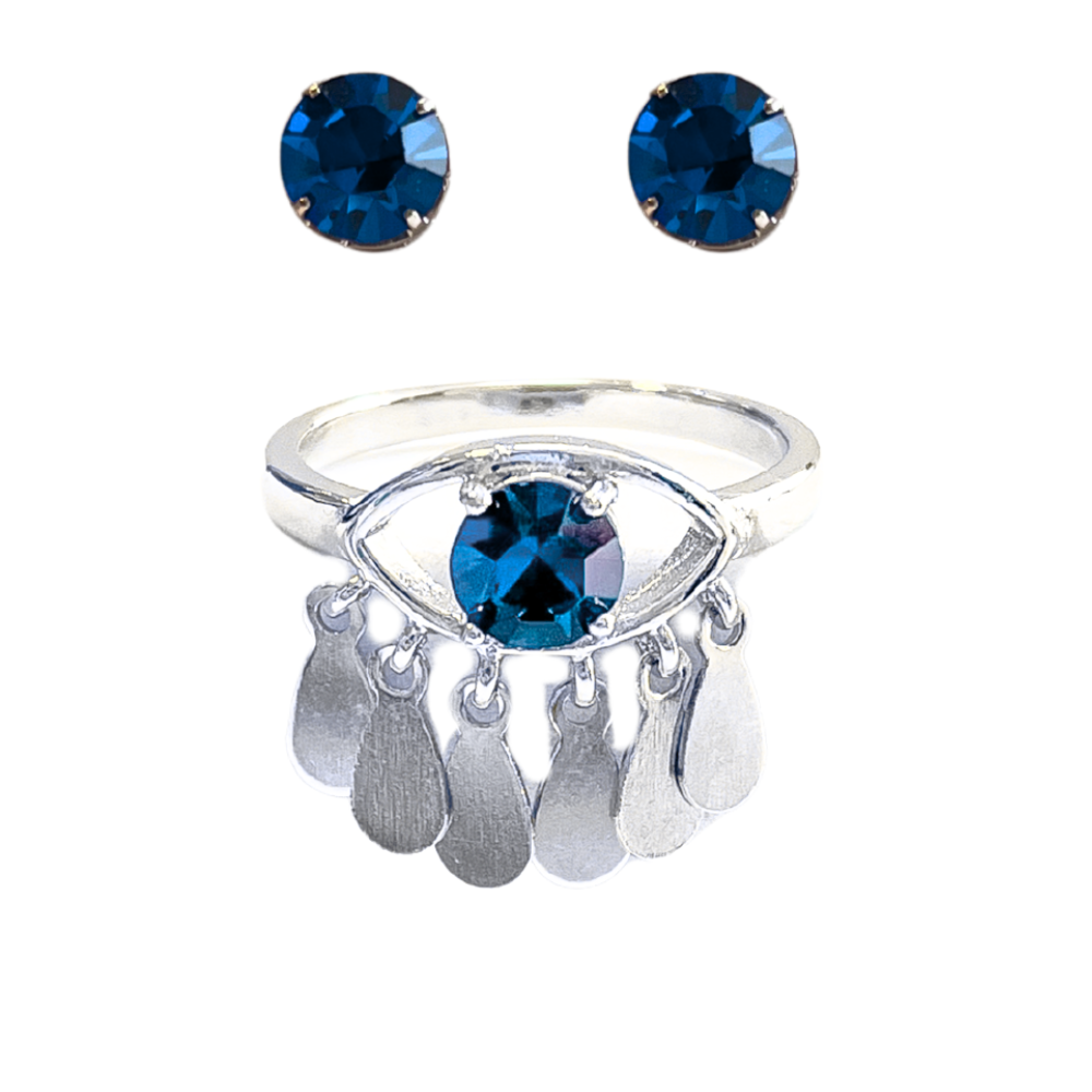 KIT ANEL E BRINCO AZUL ROYAL VIBES PRATEADO