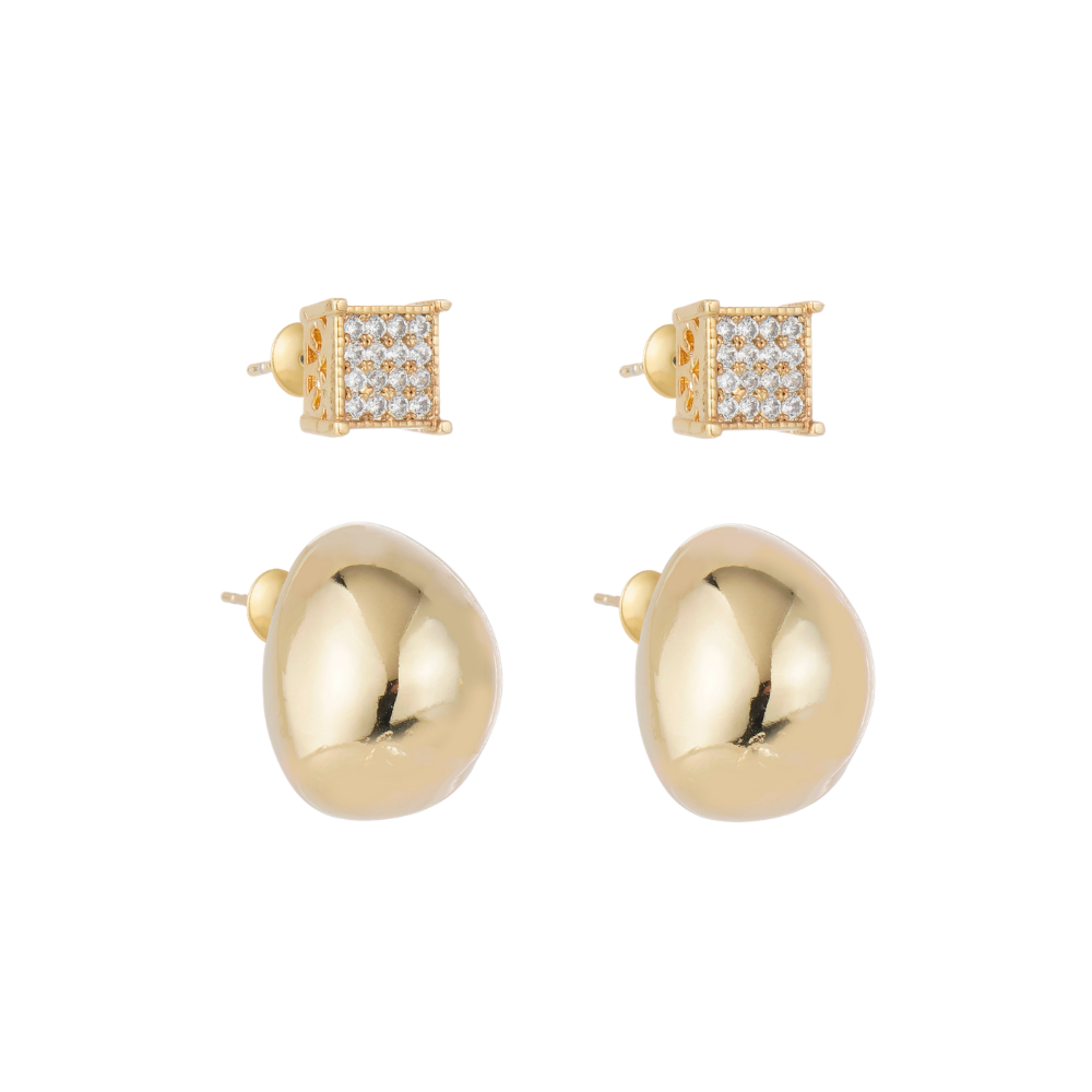 Kit de Brincos Liso e Cravejado Shine Presenza Dourado