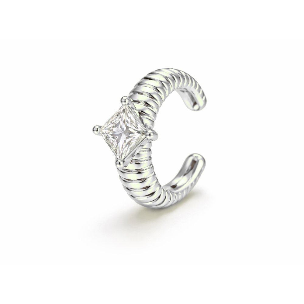 Ear Cuff Prateado com Zircônia Central e Encaixe Sem Furo