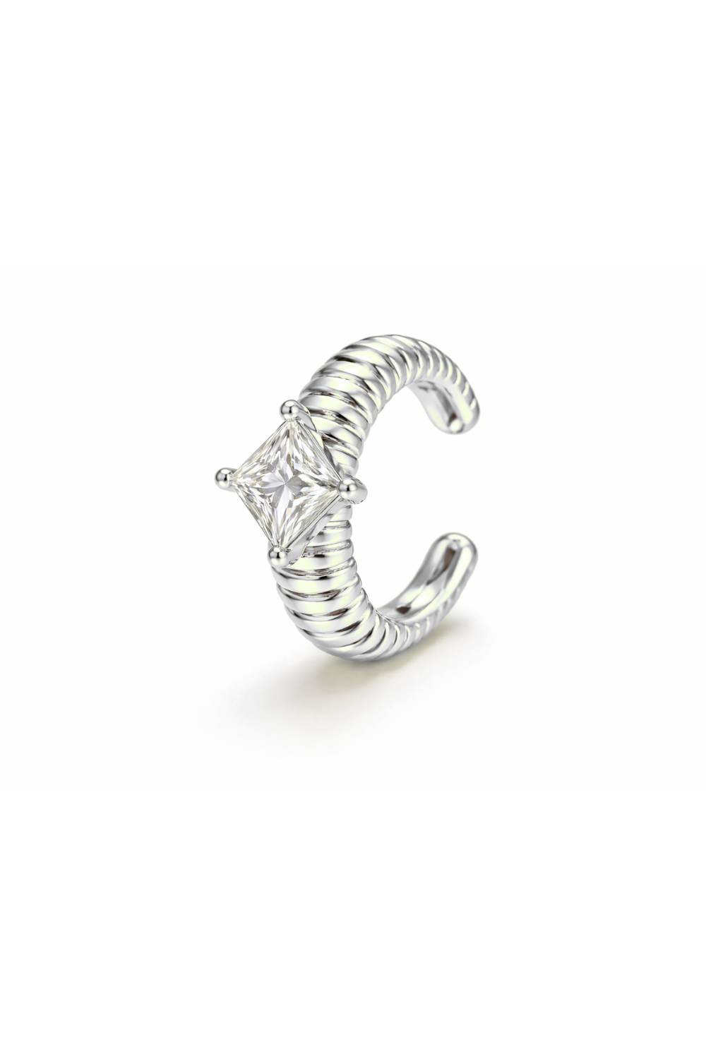 Ear Cuff Prateado com Zircônia Central e Encaixe Sem Furo