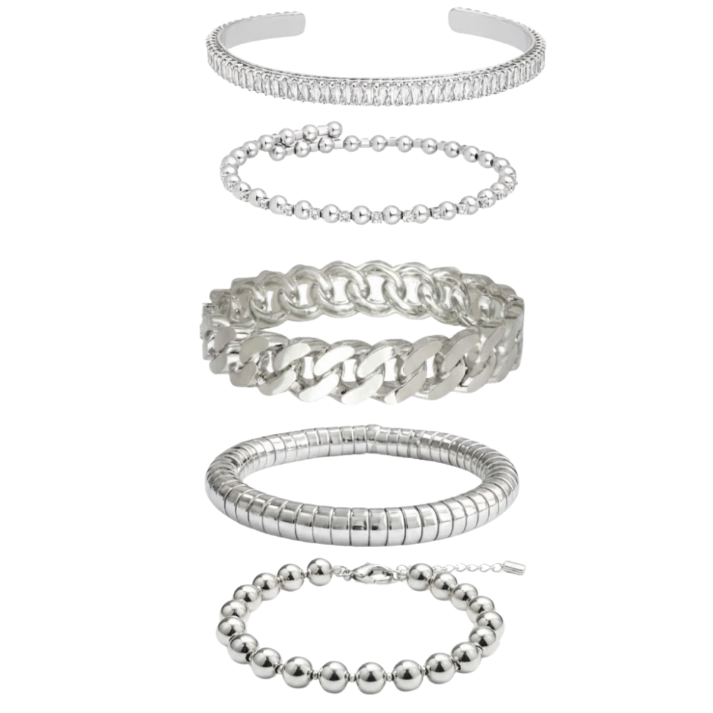 Kit de 5 Pulseiras Prateadas com Mix de Elos, Esferas e Bracelete