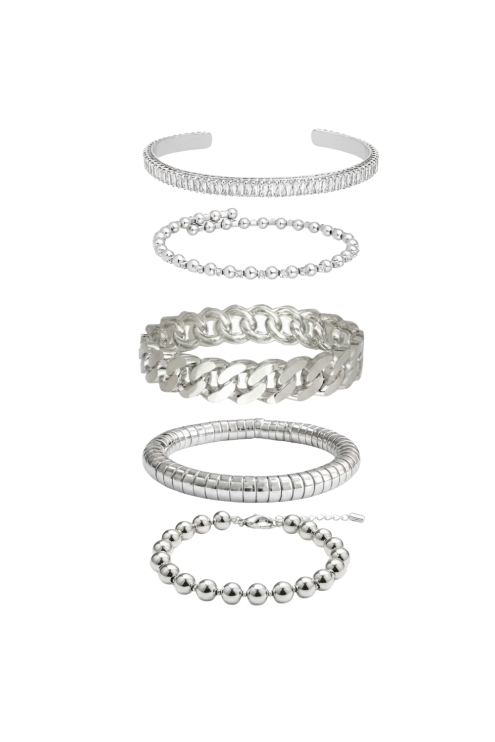 Kit de 5 Pulseiras Prateadas com Mix de Elos, Esferas e Bracelete