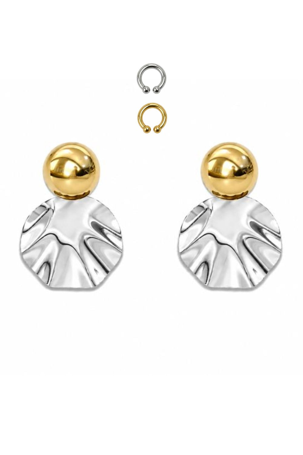 Kit de Brinco e Ear Cuffs Mix and Match com Esfera Dourada e Disco Prateado Texturizado