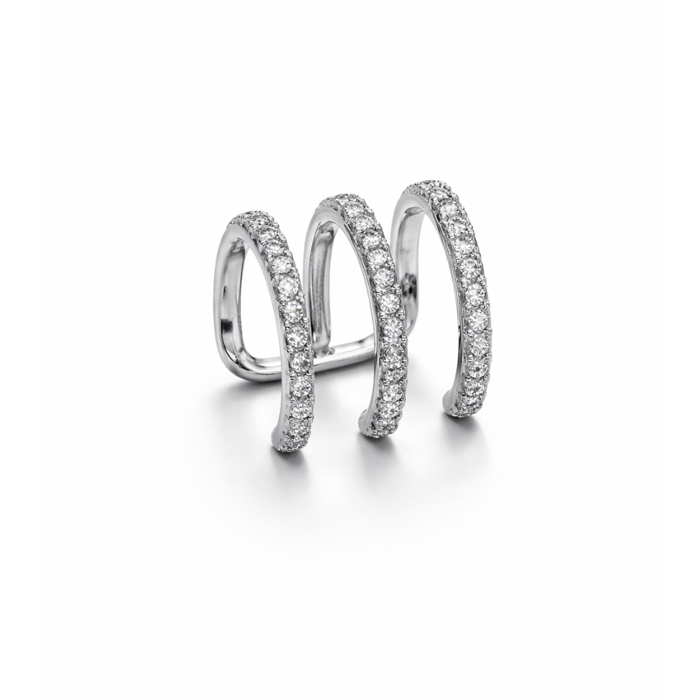 Ear Cuff Prateado com Zircônias e Efeito Múltiplos Aros