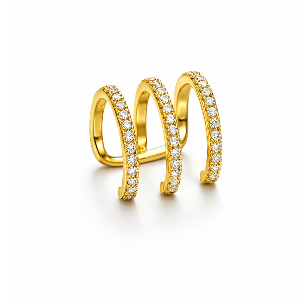 Ear Cuff Dourado com Zircônias e Efeito Múltiplos Aros