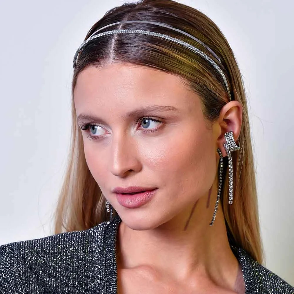 Tiara Strass Prateada Dupla Shine Minimalista