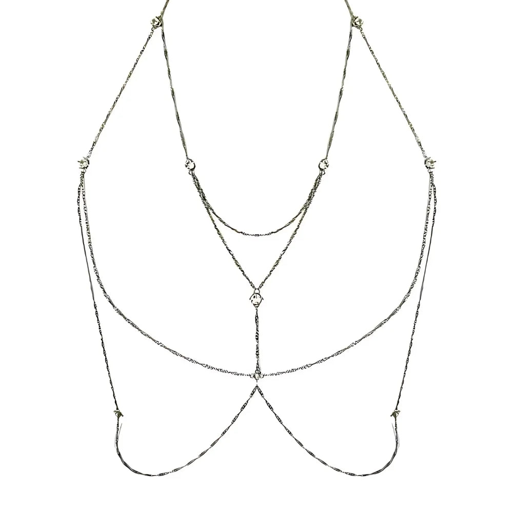Body Chain Prateado com Strass – Corrente Cadeado Party com Brilho