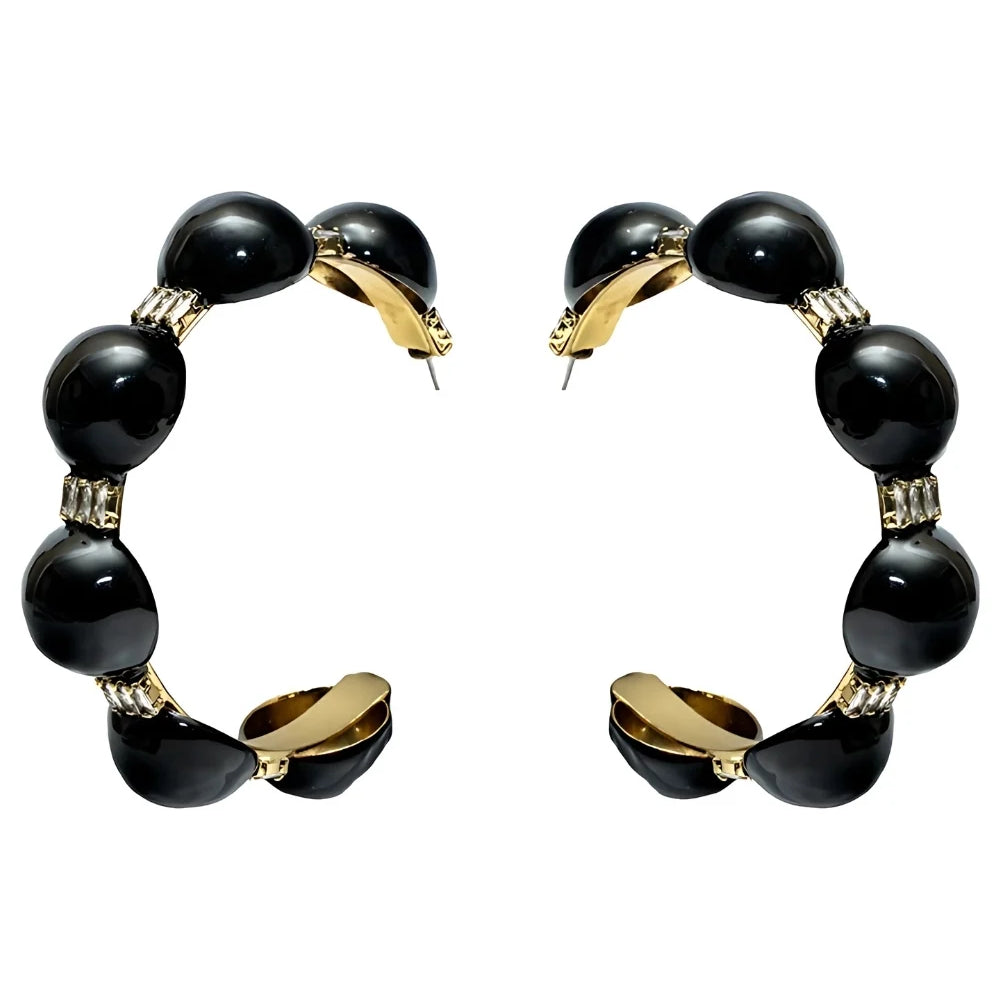 Brinco Argola Esmaltado Preto com Detalhes Dourados
