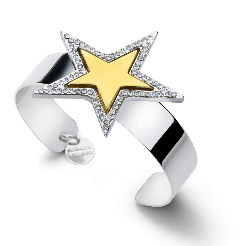 Bracelete com Estrela e Cristais em Mix de Banhos Dourado e Prateado