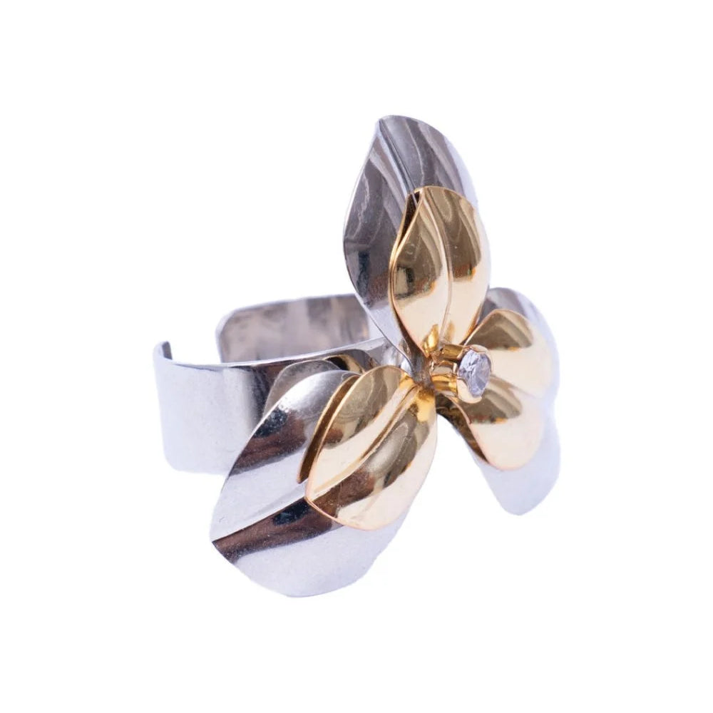 Anel Floral Ajustável com Mix de Banhos Dourado e Prateado – Fiori