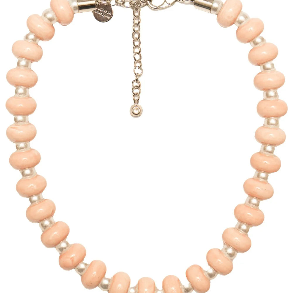 Colar Curto com Pedra Natural Rose e Pérolas Intercaladas