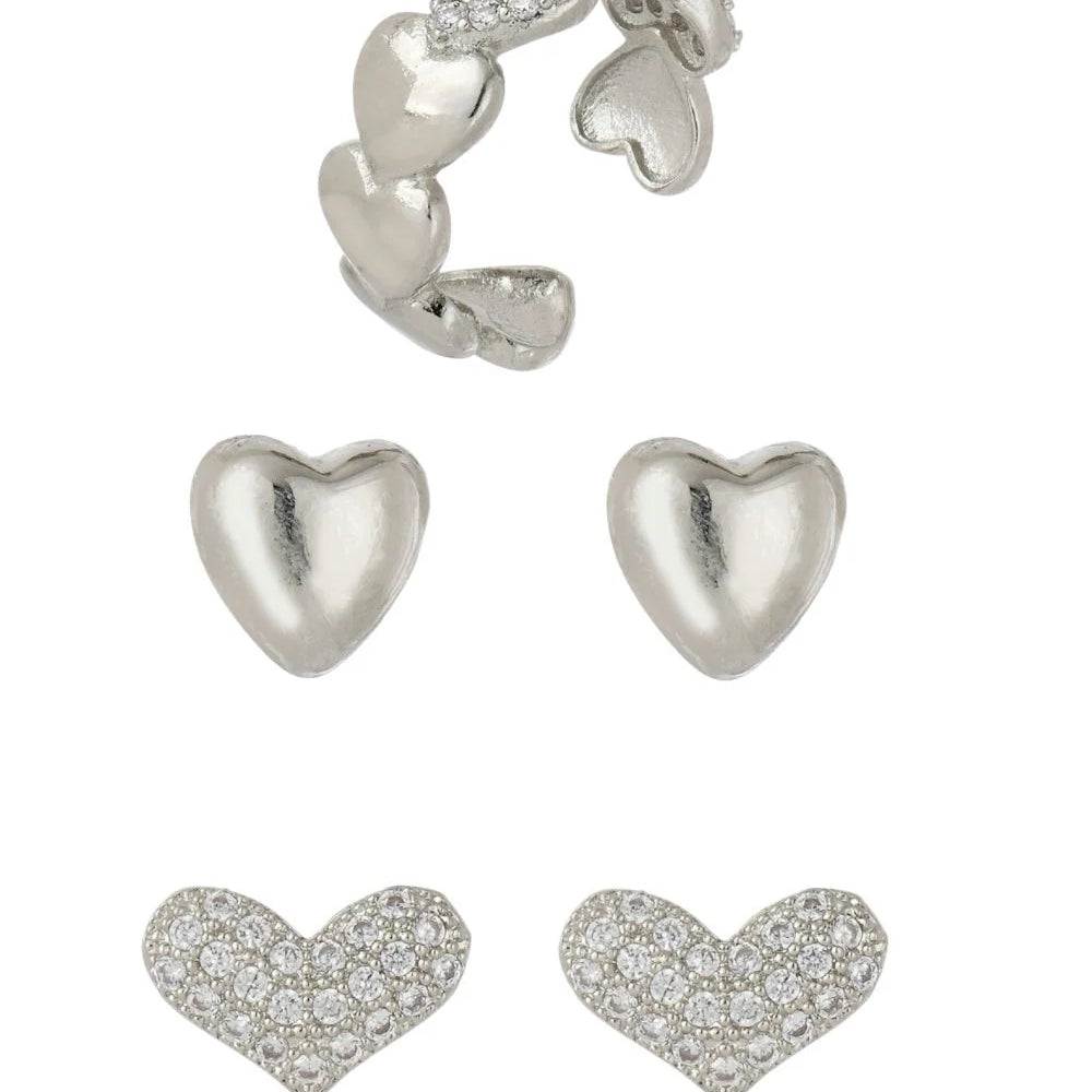 Kit de Brincos e Ear Cuff de Coração Prateado com Zircônias e Acabamento Polido
