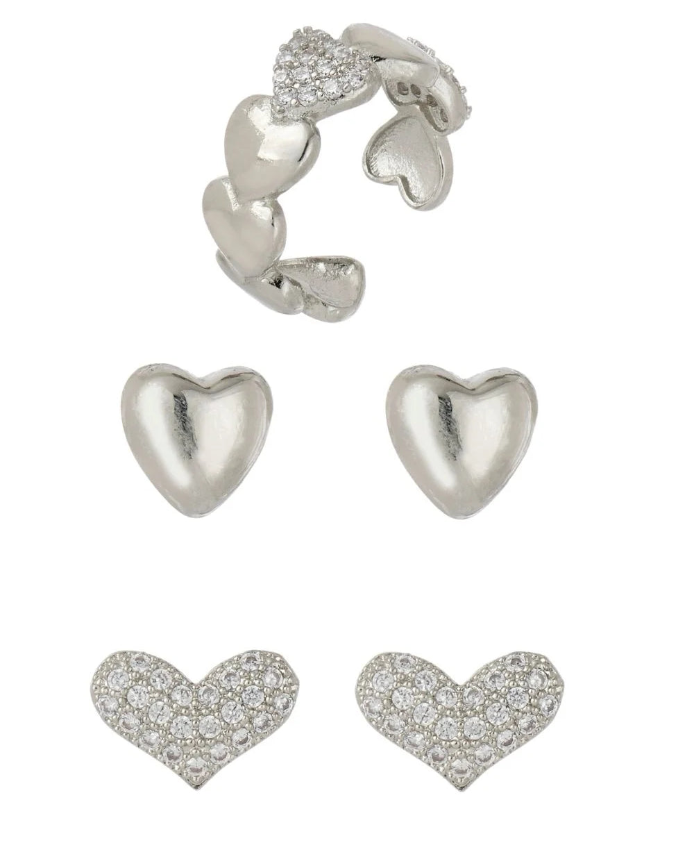 KIT DE BRINCOS E EAR CUFF HEART PRATEADO