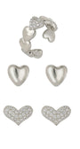 Kit de Brincos e Ear Cuff de Coração Prateado com Zircônias e Acabamento Polido