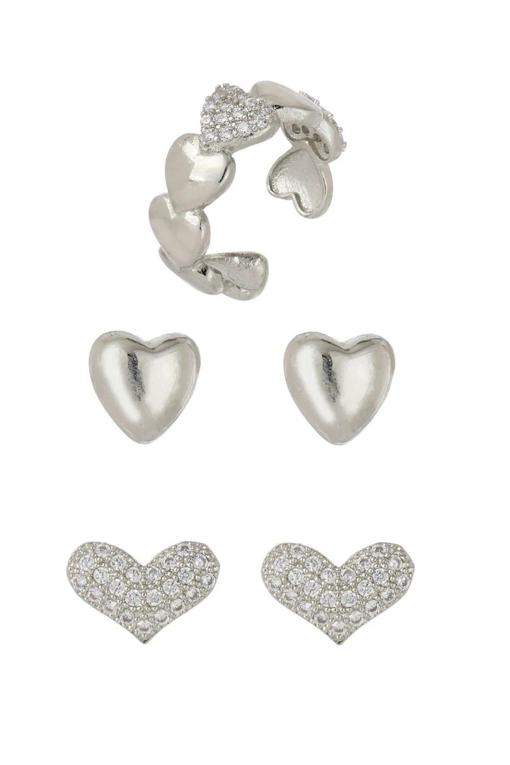 Kit de Brincos e Ear Cuff de Coração Prateado com Zircônias e Acabamento Polido