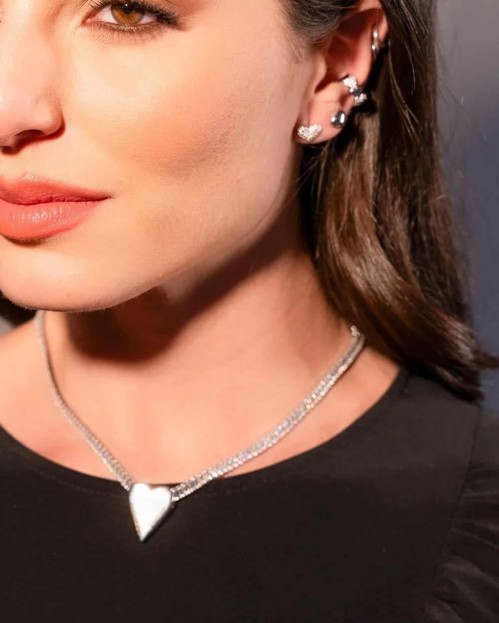 KIT DE BRINCOS E EAR CUFF HEART PRATEADO