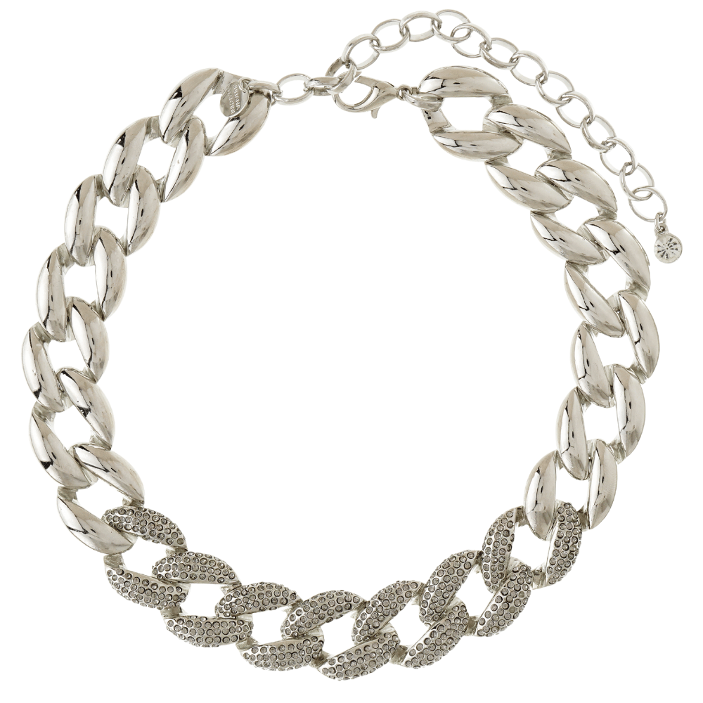 Choker de Elos Prateado com Aplicação Cravejada em Strass Black Diamond