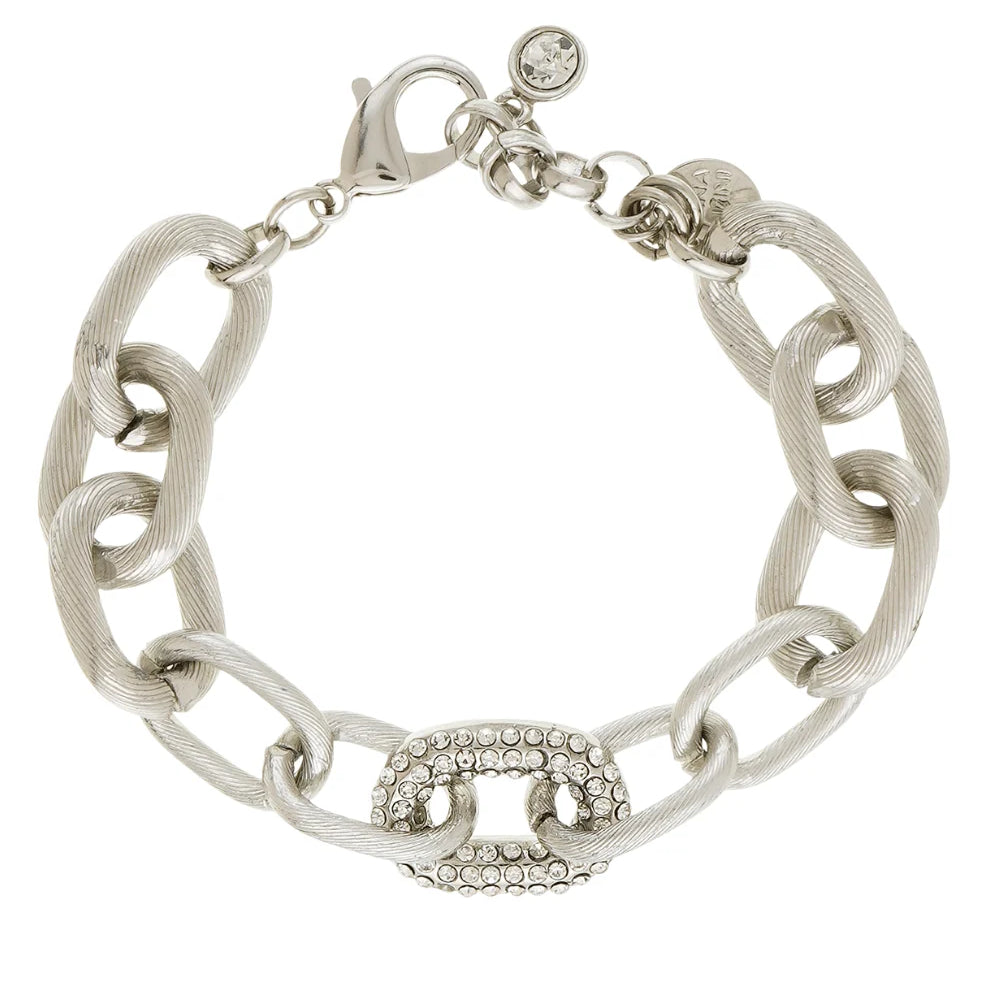 Pulseira de Elos Texturizados com Strass em Banho Prateado