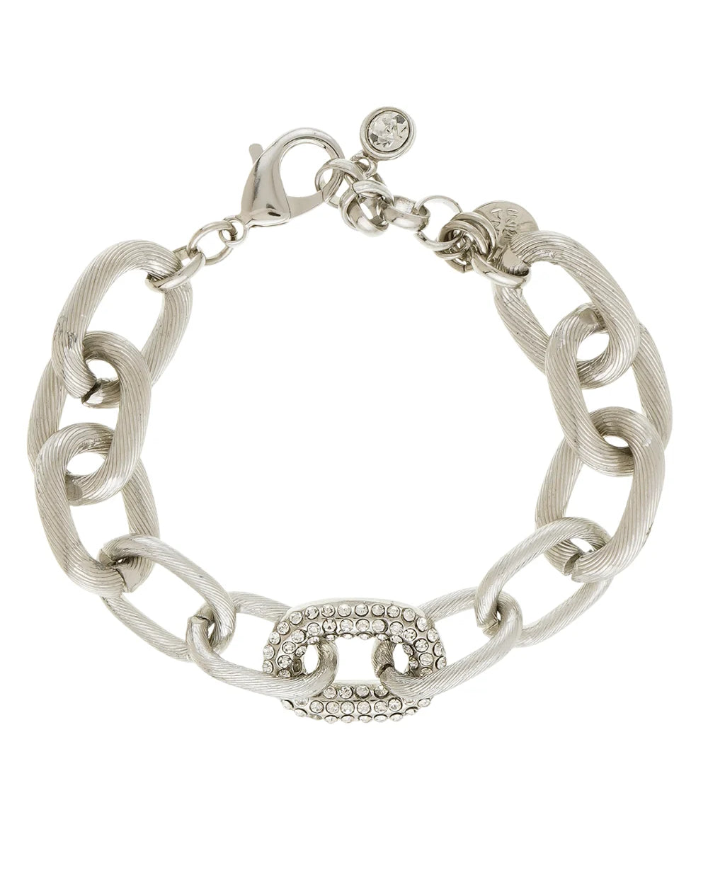 Pulseira de Elos Texturizados com Strass em Banho Prateado