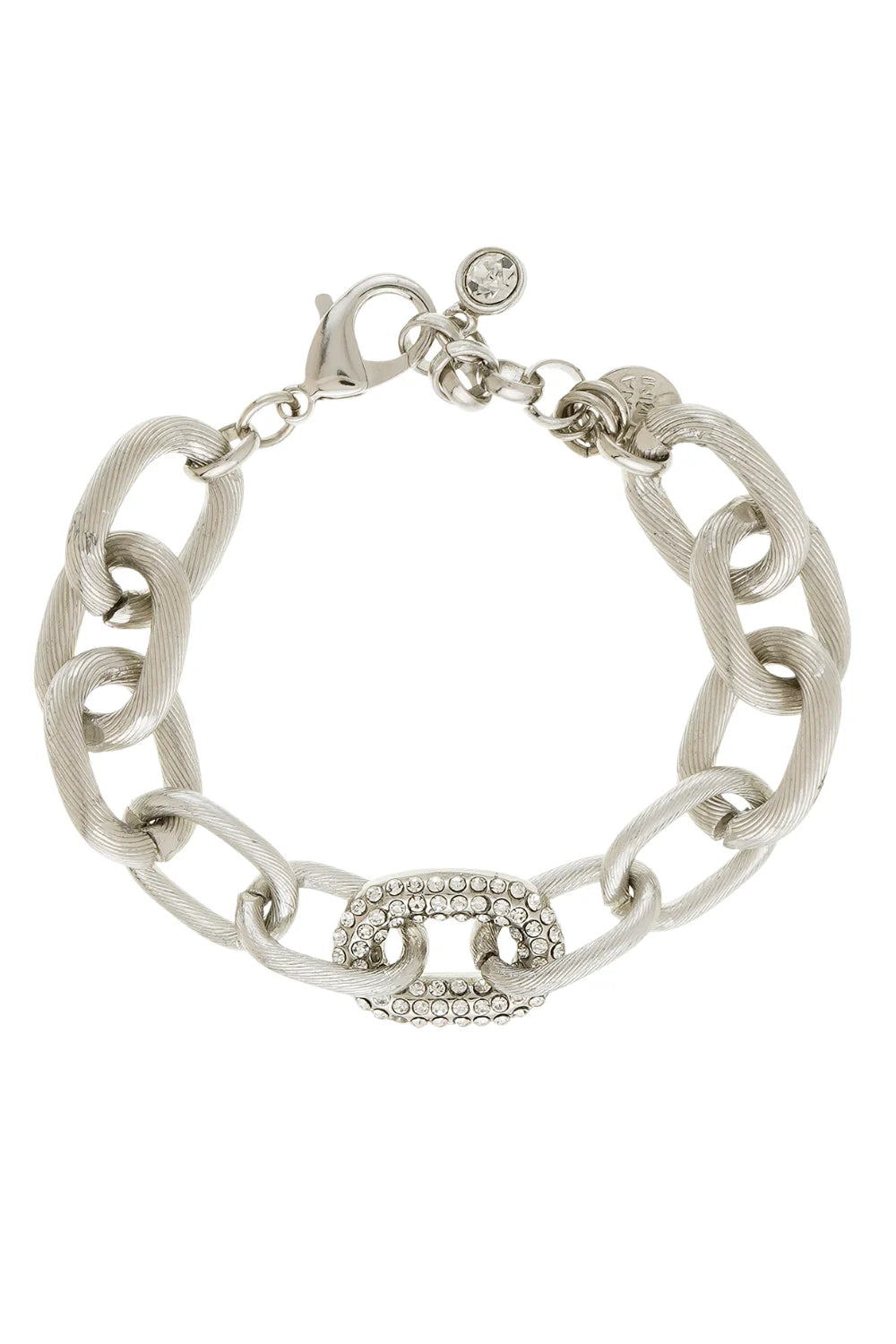 Pulseira de Elos Texturizados com Strass em Banho Prateado