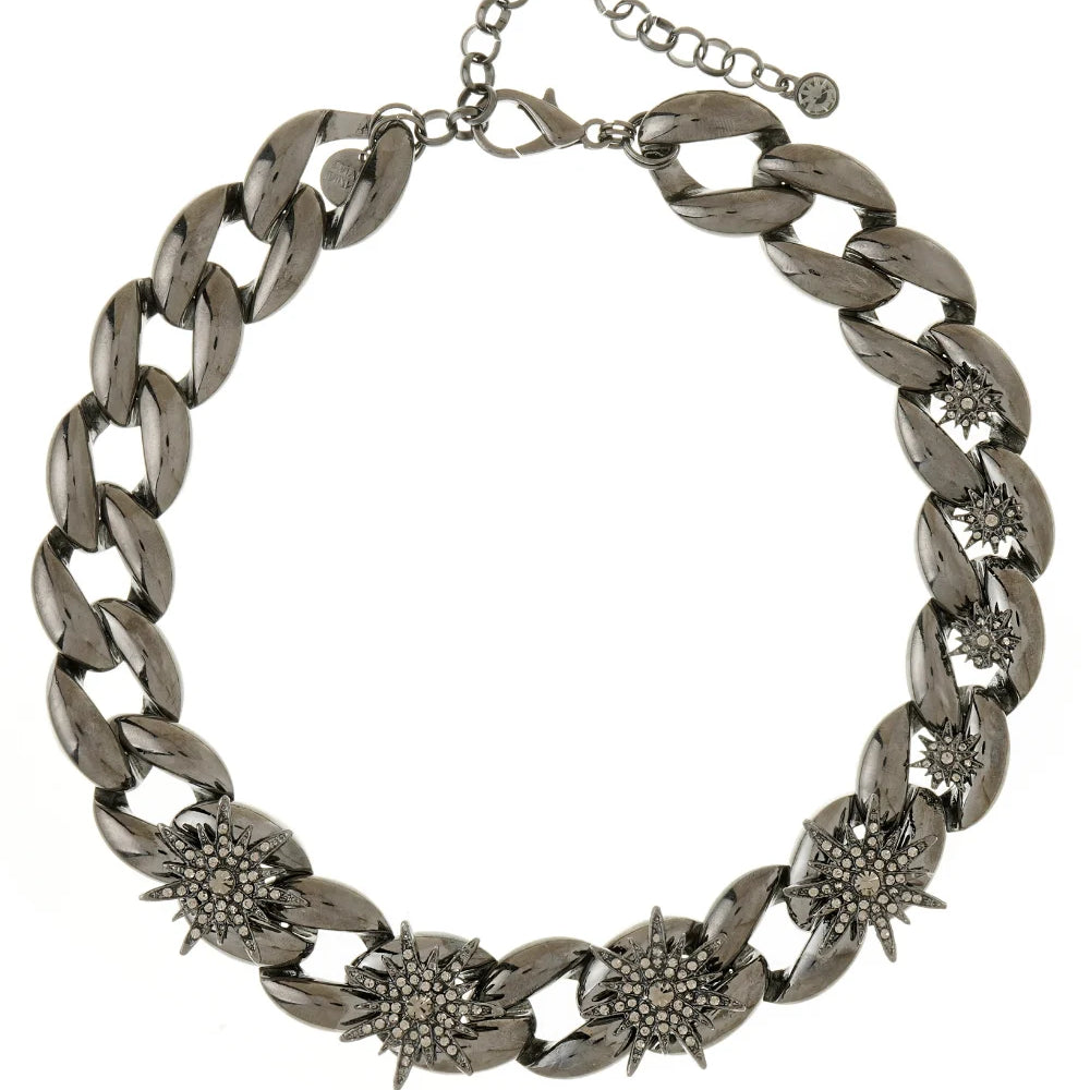 Colar de Elos Grafite com Estrelas Cravejadas em Strass Black Diamond