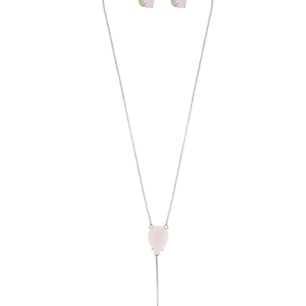 Kit Colar Longo Estilo Terço com Pedra Light Rose e Brinco Ponto de Luz Prateado