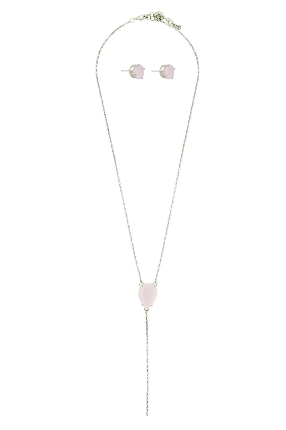 Kit Colar Longo Estilo Terço com Pedra Light Rose e Brinco Ponto de Luz Prateado