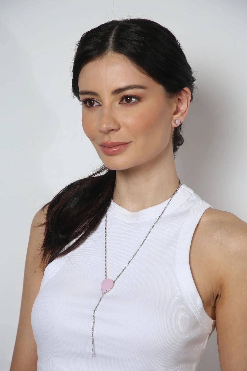 Kit Colar Longo Estilo Terço com Pedra Light Rose e Brinco Ponto de Luz Prateado