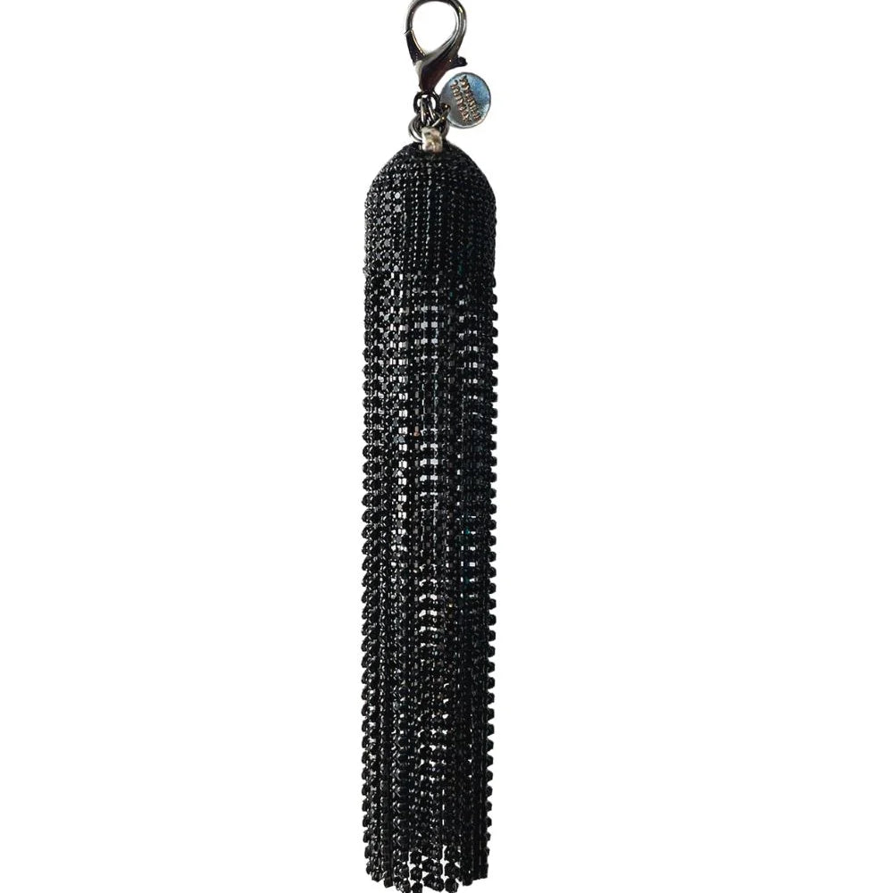 Bag Charm Preto com Strass – Pingente de Franjas Multifuncional