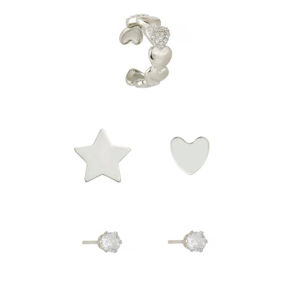 Kit de Brincos e Ear Cuff com Corações, Estrela e Ponto de Luz Prateado