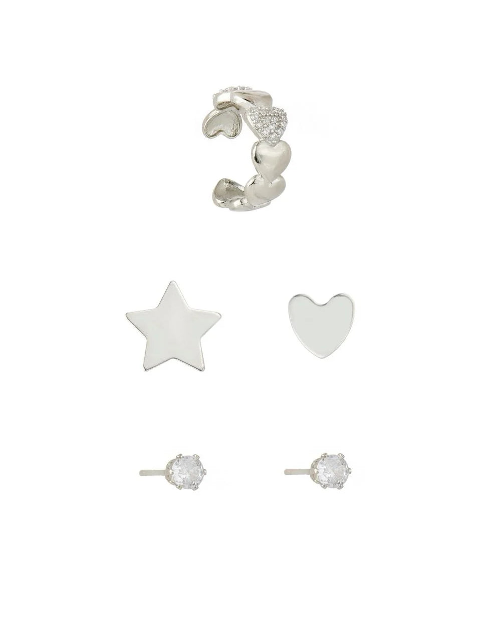 Kit de Brincos e Ear Cuff com Corações, Estrela e Ponto de Luz Prateado