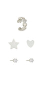 Kit de Brincos e Ear Cuff com Corações, Estrela e Ponto de Luz Prateado