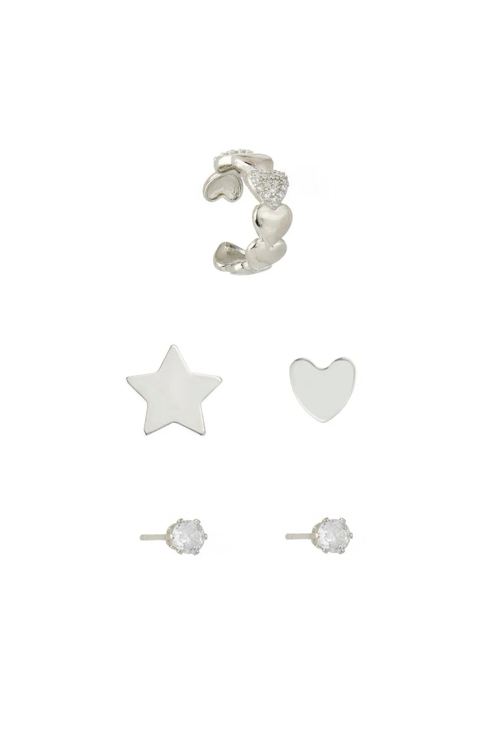 Kit de Brincos e Ear Cuff com Corações, Estrela e Ponto de Luz Prateado