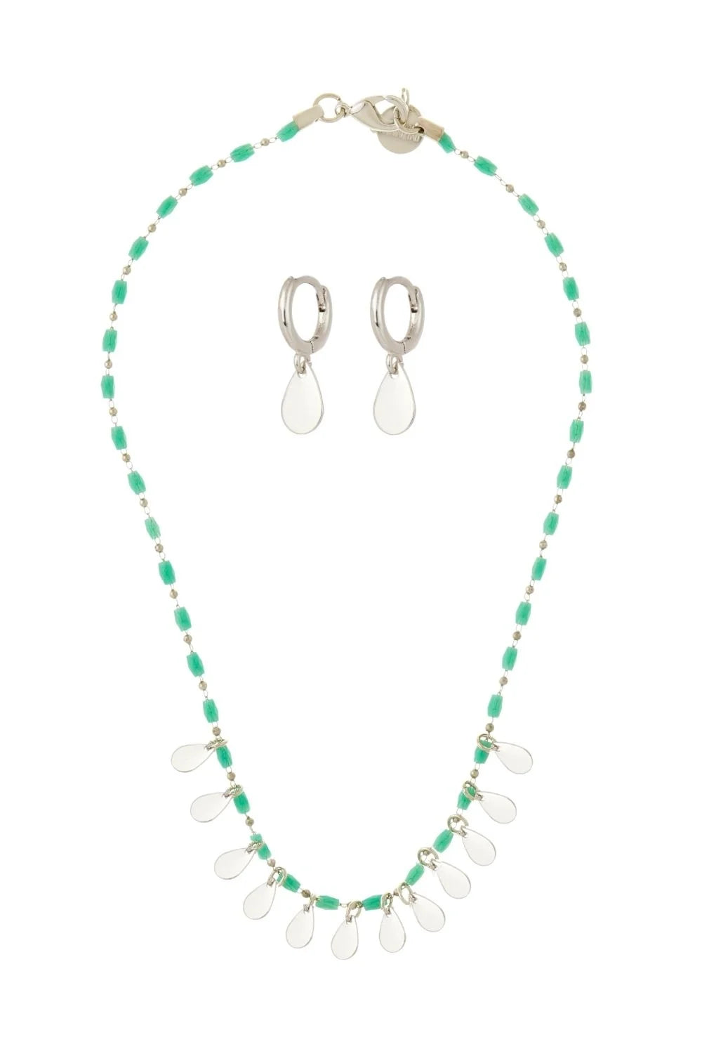 Kit Colar Canutilho Verde e Brinco Gota Prateado – Conjunto Delicado com Movimento