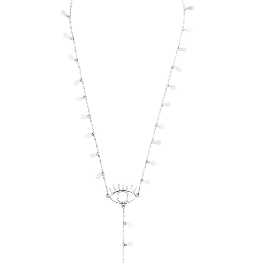 Colar Longo Olho Grego com Pingentes e Extensão Vertical Prateado