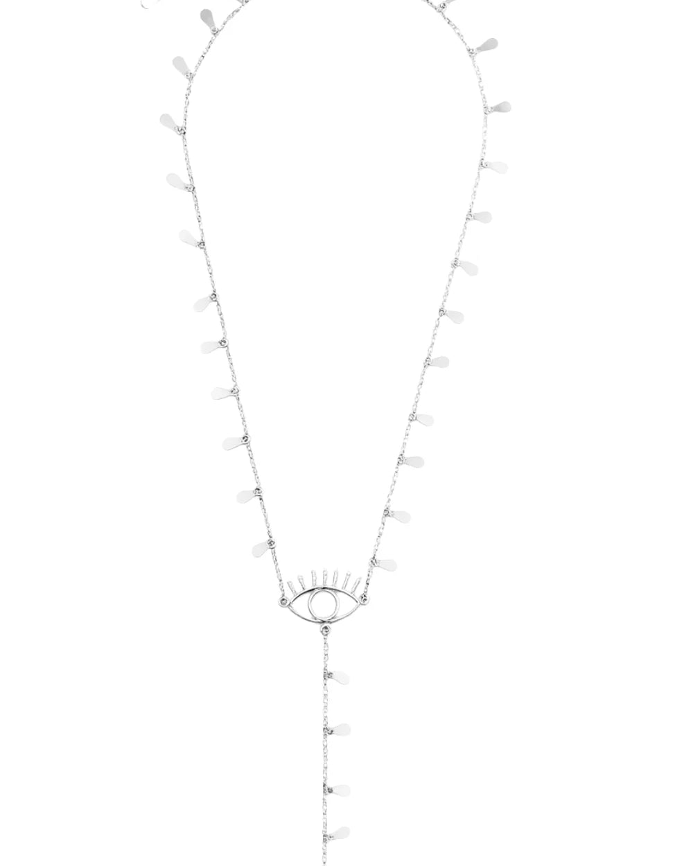 Colar Longo Olho Grego com Pingentes e Extensão Vertical Prateado