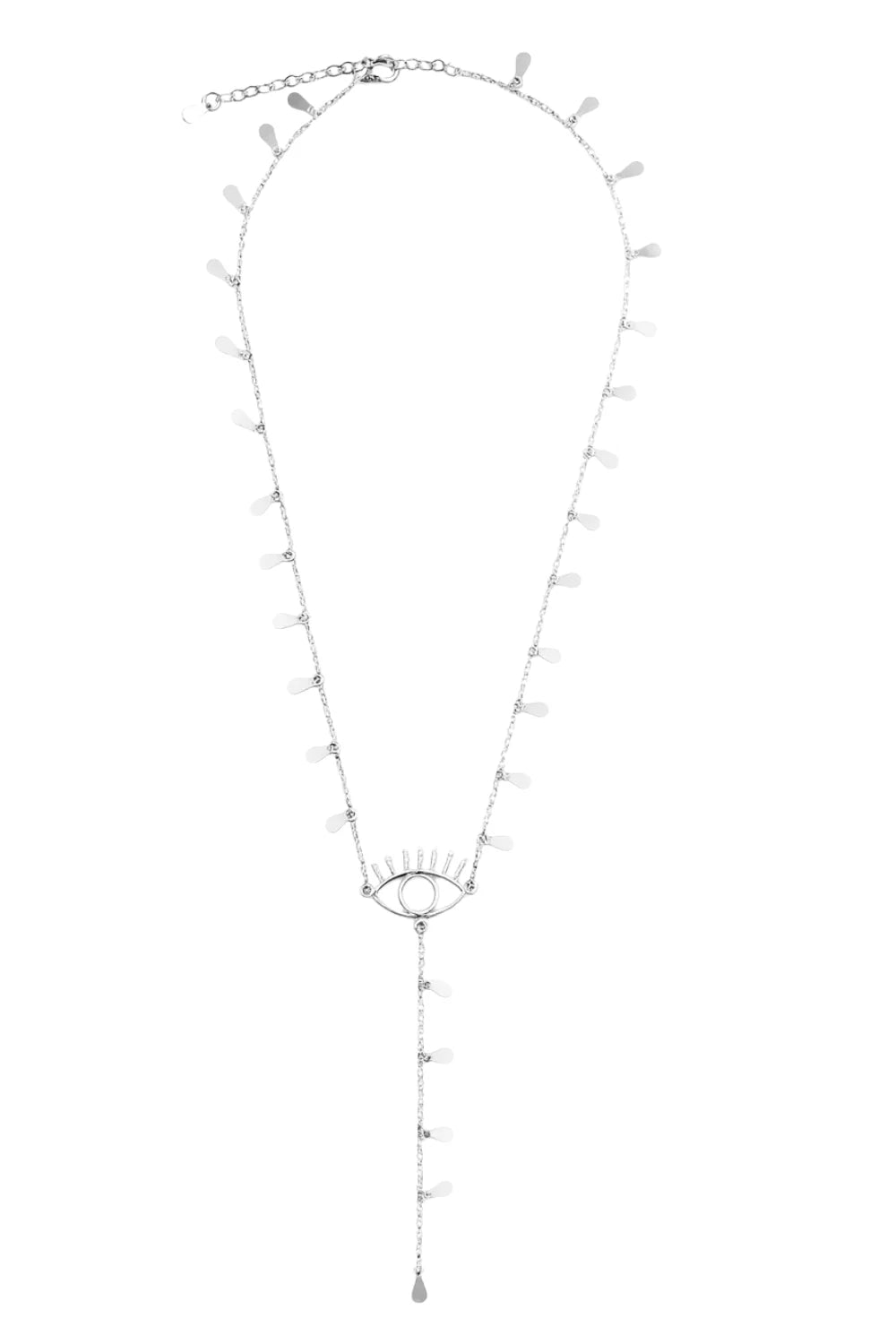 Colar Longo Olho Grego com Pingentes e Extensão Vertical Prateado