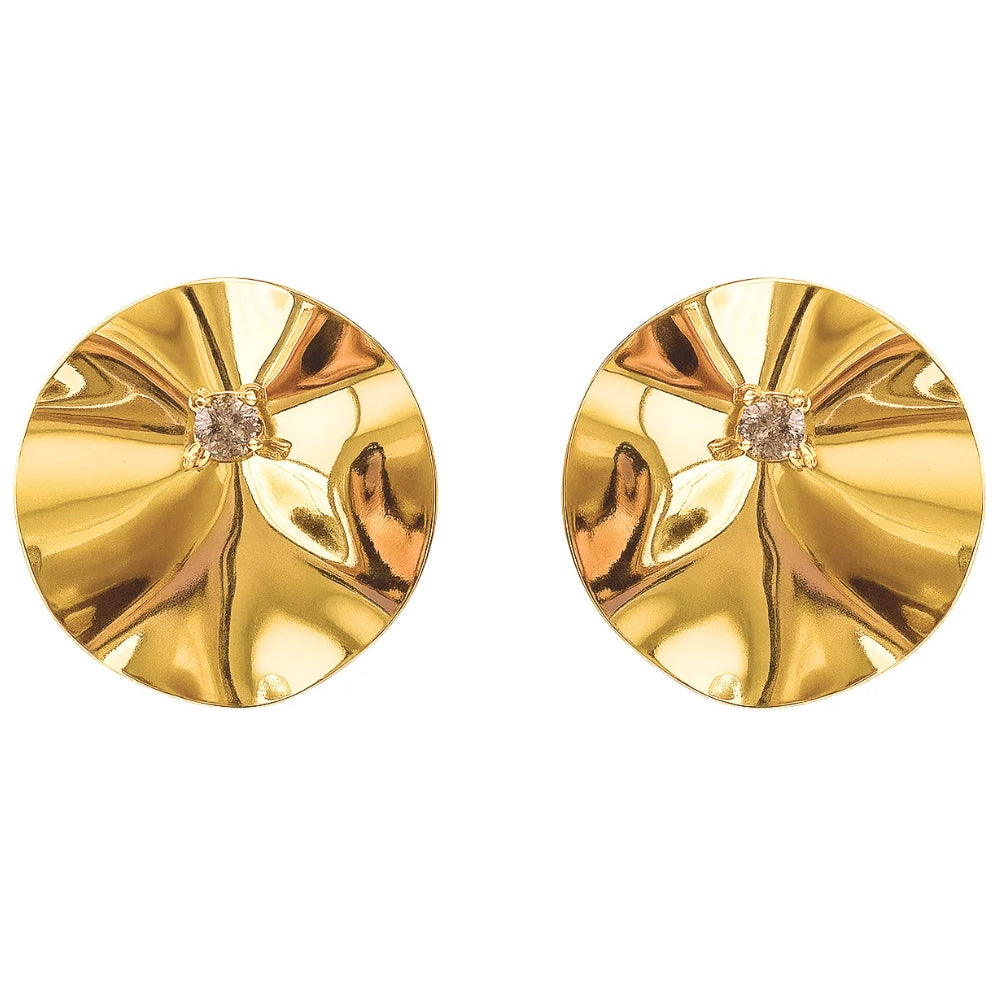Brinco Disco Dourado com Textura e Cristal