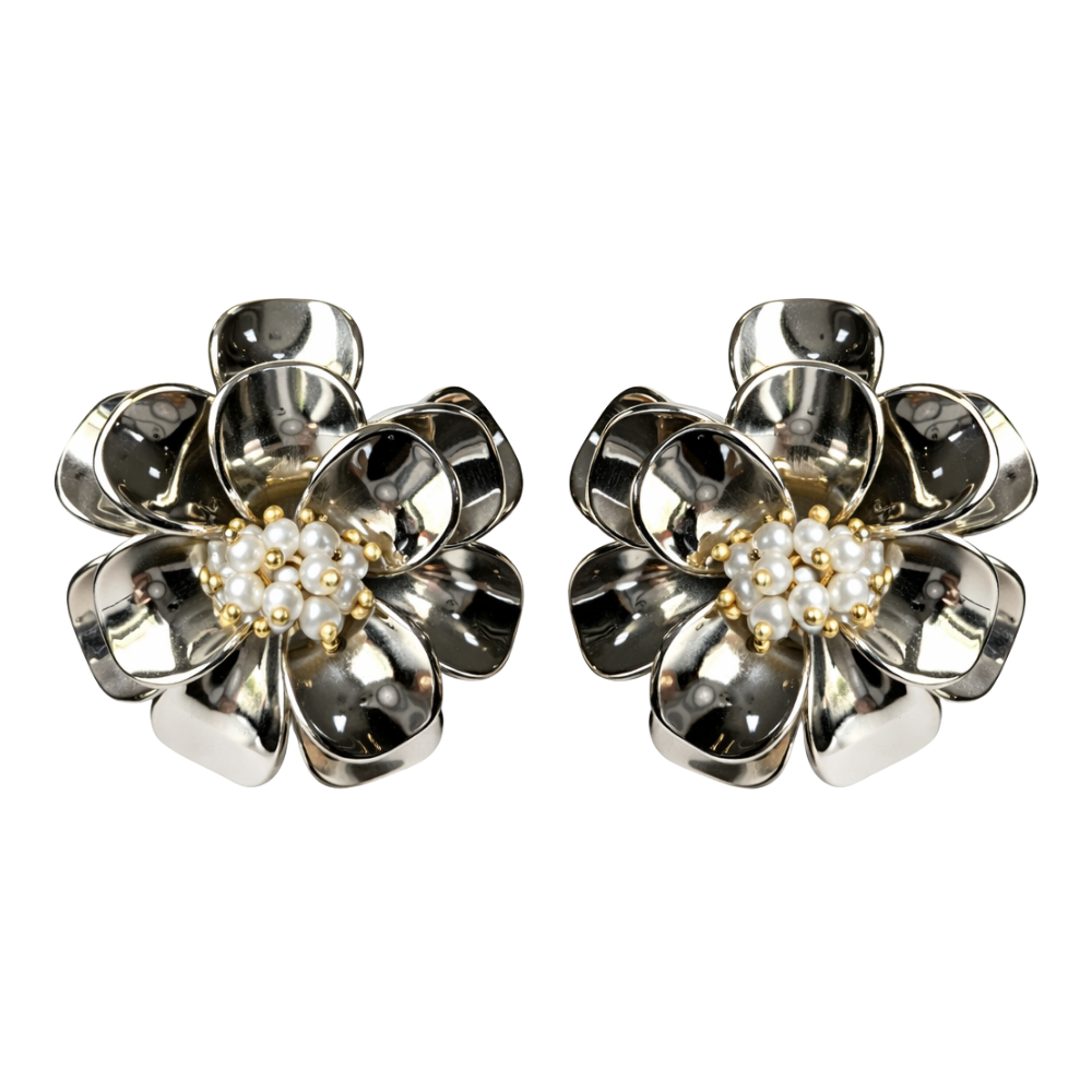 Brinco Flor Tridimensional com Pérolas e Mix de Metais – Angela