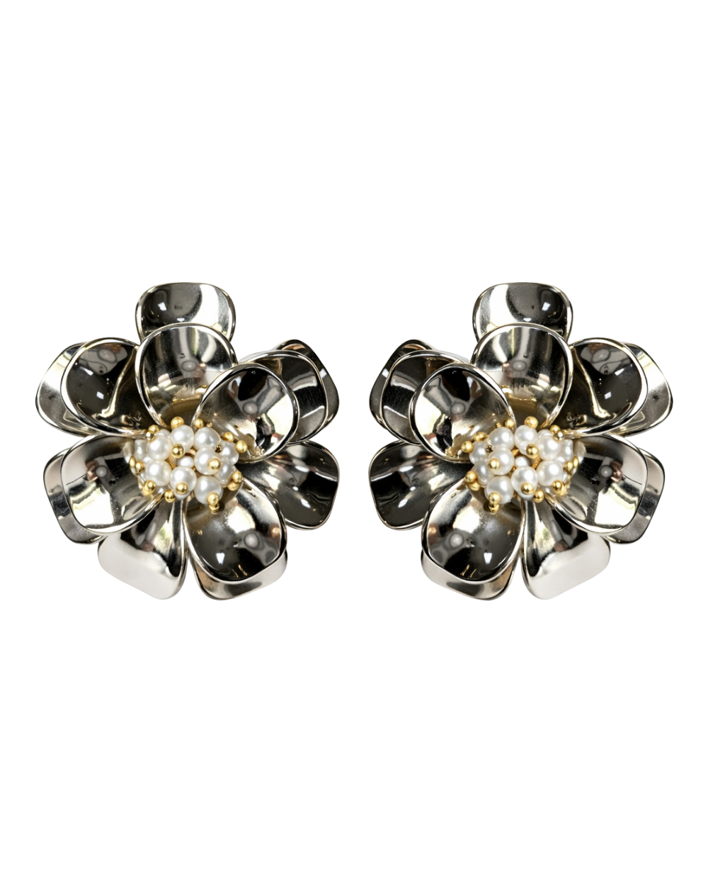 Brinco Flor Tridimensional com Pérolas e Mix de Metais – Angela