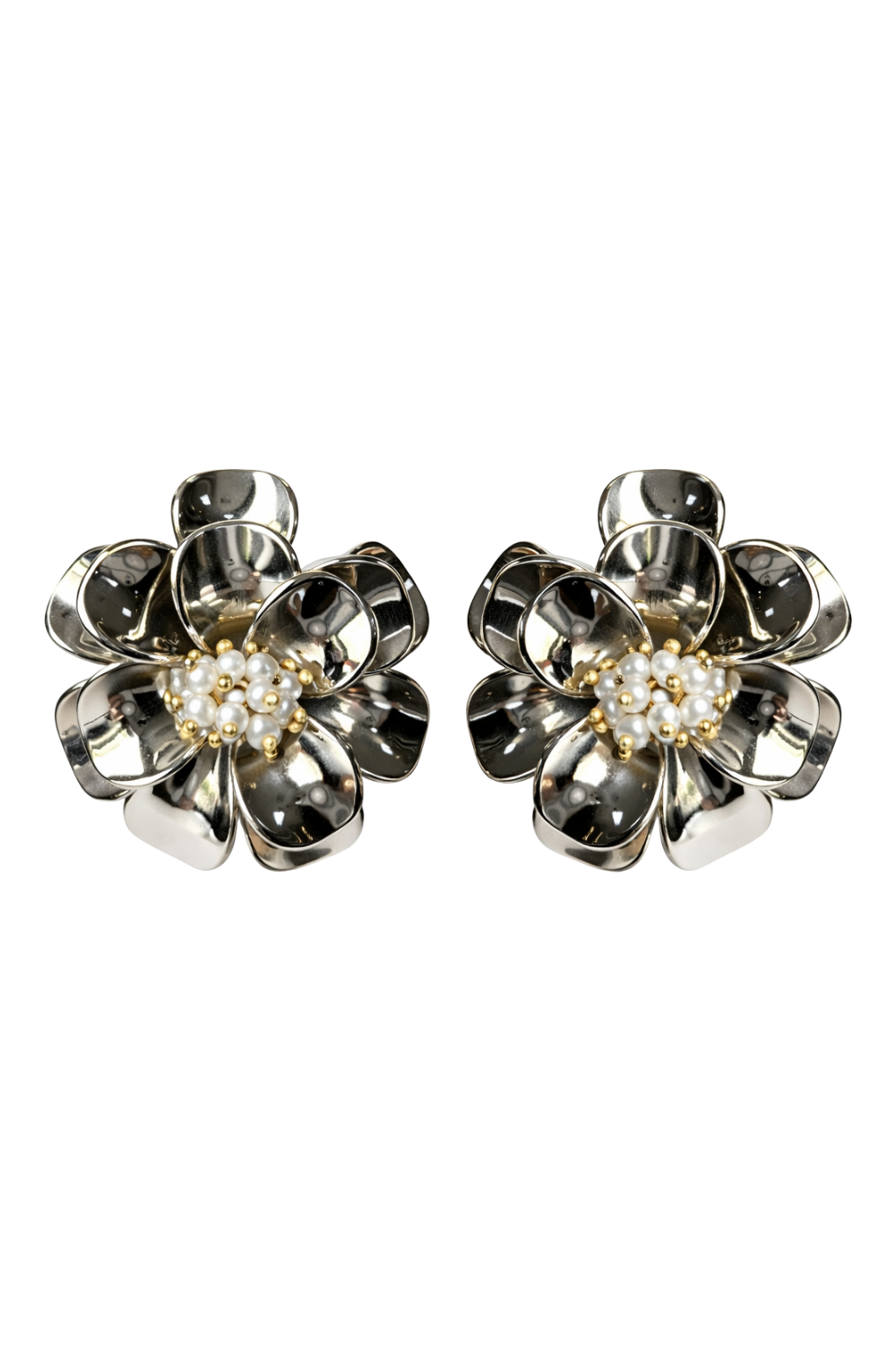 Brinco Flor Tridimensional com Pérolas e Mix de Metais – Angela