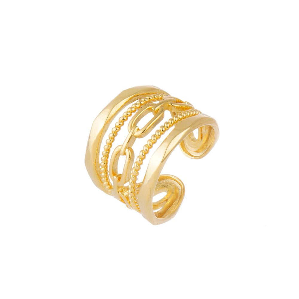 Anel Ajustável Dourado com Elos e Textura Essenza em Camadas