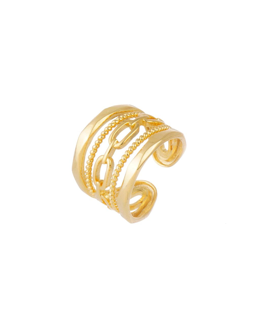 Anel Ajustável Dourado com Elos e Textura Essenza em Camadas